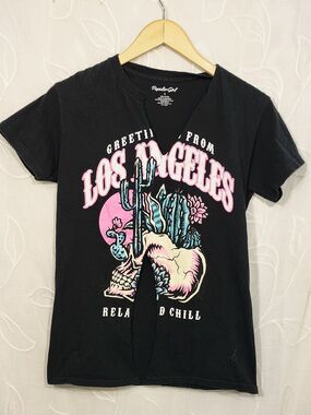 Popular Girl Womens T-Shirt Small Greetings From Los Angeles Black Pink Graphic